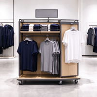 Présentoirs pour vêtements, cadre métallique gris, étagères en panneaux de bois, roulettes, tringle de suspension, CE ETL, vente en gros pour boutiques