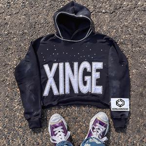 Sudadera con capucha personalizada de algodón grueso, estilo streetwear de otoño, oversize, con dobladillo sin rematar, efecto desgastado, parche bordado, lavado ácido y corte cropped - Product Image 2