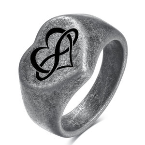 Heart Shaped Stainless Steel <b>Ring</b> 12mm Unisex <b>Couple</b> Jewelry Gift Black Engraved Design - Product Image 5