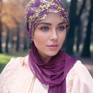 Wholesale custom hair accessories, autumn polyester fitted <b>hats</b>, beanie cute headscarves, Muslim beaded soft women's headscarves - Product Image 2