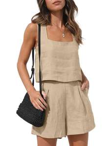 1688 Buying Agent FTS Women <b>Linen</b> Sleeveless Tank Pocket Shorts <b>Two</b> <b>Piece</b> Set China DDP Shipping Low Commission - Product Image 4