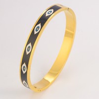 Bracelet en acier inoxydable émaillé œil turc porte-bonheur, motif œil sur fond noir, fermoir à ressort, bijou amulette de protection