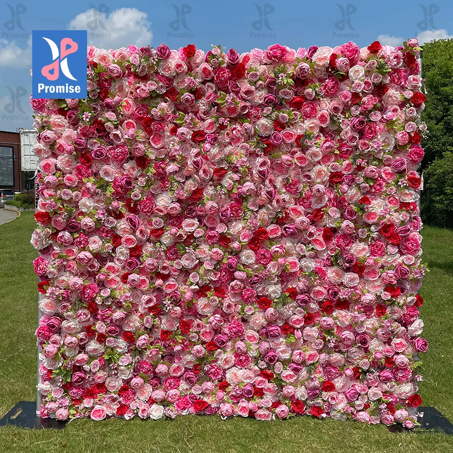 Promise Floral Wall 3D Roll Up Hanging Ivory Rose Hydrangea Artificial Silk White Flower Wall Backdrop For Wedding Decoration