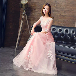 Pink A-Line Bridesmaid Dress With Lace Embroidery O-Neck Three Quarter Sleeve Long Tulle Wedding Guest Gown - Product Image 2