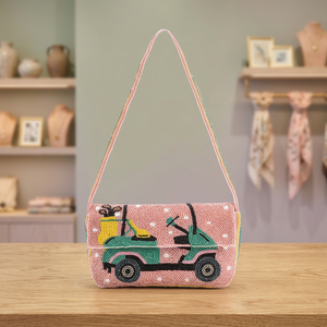 Handmade Pearl Beaded Soft Eco-Friendly Satchel Bag with Shoulder Strap Embroidered Car Design Casual Daily Use - Product Image 2