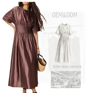 Ropa de mujer verde oliva media manga plisada Maxi vestido Casual suelta mezcla de lino Maxi Dres - Product Image 1