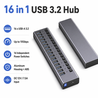 16 Portlu Güçlendirilmiş USB 3.2 Gen2 Hub, 10Gbps, 16x USB-A, Ayrı Ayrı Anahtarlı, Alüminyum Çoklu Portlu Hub