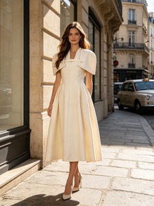 Elegant for <b>White</b> Sleeveless Cape Collar A-line Midi Satin Empire Waist Vintage Formal <b>Wedding</b> Guest Evening Banquet <b>Dress</b> - Product Image 4