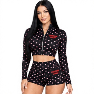 Custom Logo Women 2 Piece <b>Set</b> <b>Crop</b> Jacket Shorts Matching Streetwear Sporty Dot Print Spandex Polyester polka dot <b>crop</b> <b>top</b> <b>set</b> - Product Image 1