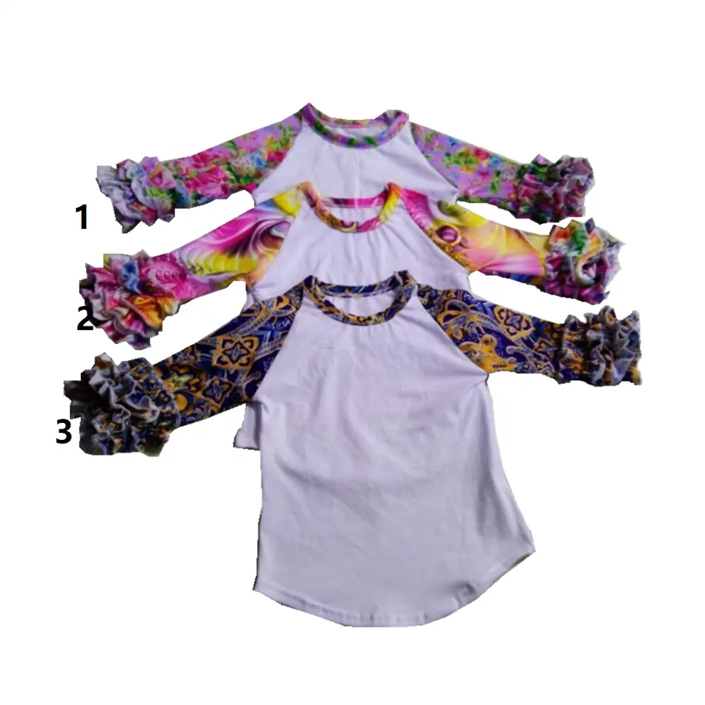 RTS เสื้อผ้าไหมนมบูติกสำหรับเด็กผู้หญิง,เสื้อยืดแขนสามส่วนผ้าไอซิ่งมีระบายสำหรับเด็กผู้หญิง