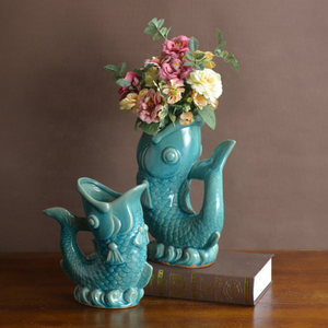 Sculptures de poissons uniques en céramique, pot en forme de poisson émaillé bleu craquelé et usé, pot à cactus, jardinière pour plantes, <span class=keywords><strong>vase</strong></span> - Product Image 5