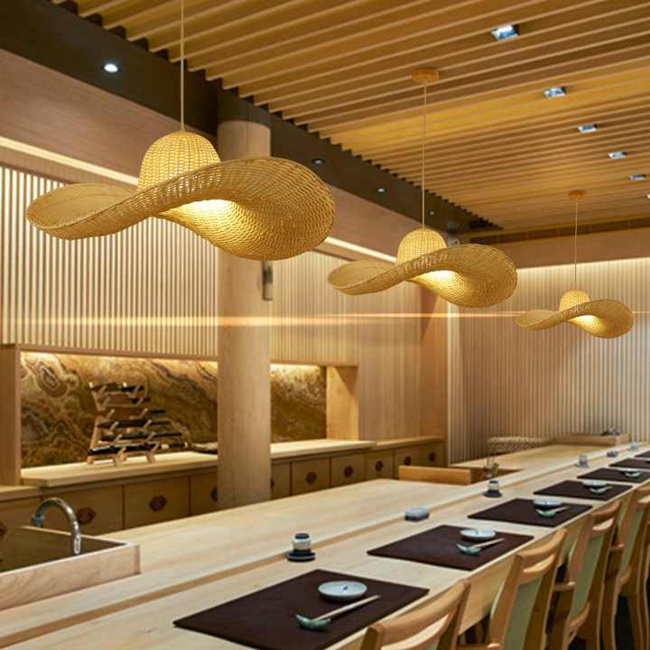 Rattan Lamp Shape Lights for Home Pendant Lighting Fixture Woven Hat Craft Lampshade Hanging Woven Lampshade for Bar Cafe