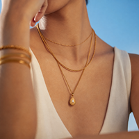 Kalung Batu Kelahiran Wanita Dingran Lapis Emas 18K Bahan Stainless Steel Liontin Bentuk Tetesan Air Bertekstur Hadiah 12 Bulan Perhiasan Grosir