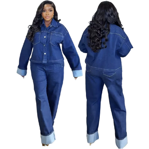 H9050 Trendy Retro Denim Sets for Women Casual Long Sleeve Lapel <strong>Jacket</strong> + <strong>Straight</strong> Pants Jeans Cargo Denim Set Outfits for Women - Product Image 1