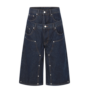 Shorts en jean délavé personnalisés pour hommes, double épaisseur aux genoux, style vintage, effet usé, coupe ample et respirante, jambe large, streetwear, jorts - Product Image 2