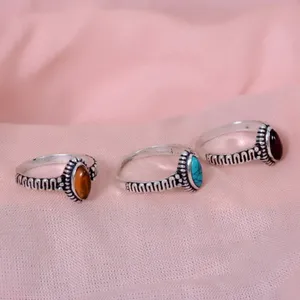 Boho TRIBAL Marquise แหวนทองเหลืองชุบเงินปรับได้กับพลอยโกเมนสีเขียวขุ่นสำหรับเครื่องประดับผู้หญิง - Product Image 3