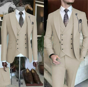 Nouveau costume trois pièces pour <span class=keywords><strong>homme</strong></span> de fabrication chinoise, <span class=keywords><strong>bleu</strong></span> uni, à revers plat, pour usage quotidien et formel, comprenant veste, pantalon, à <span class=keywords><strong>carreaux</strong></span> et à pois - Product Image 5