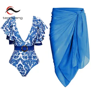 TW Blue Print Deep V Ruffle Swimsuit High Waist Body Skinny Backless Bikini Set and Beach Skirts fashion Plus Size Sexy Swimwear