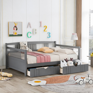 Cama de Madera Tamaño Completo con Dos Cajones, Cama Infantil Gris con Almacenamiento - Product Image 1