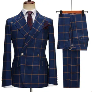 Luxury Check Plaid Men Suits Wedding Groom Tuxedos Peaked Lapel Business Party Costume Homme Jacket Pants 2 Pieces Set