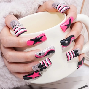 <span class=keywords><strong>Faux</strong></span> ongles gris à motif papillon rouge, forme bec de canard, personnalisés, faits main, à presser, pour usage privé - Product Image 4