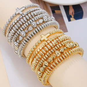Cross Beaded Stackable <b>Bracelet</b> Set Gold Silver Elastic <b>Rope</b> Jewelry For Women Gift Geometric Design Zinc Alloy Fashion - Product Image 1