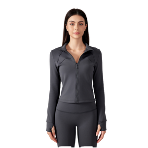 Chaqueta deportiva de gama alta para mujer, manga larga, a prueba de viento, con cremallera completa, abrigo para correr, Parte delantera transpirable, Top de Yoga, estampado sólido - Product Image 2