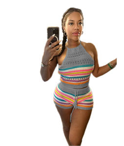 طقم كروشيه قصير مخطط من قطعتين بدون أكمام طقم محبوك من قطعتين طقم كروشيه كاجوال للنساء - Product Image 3