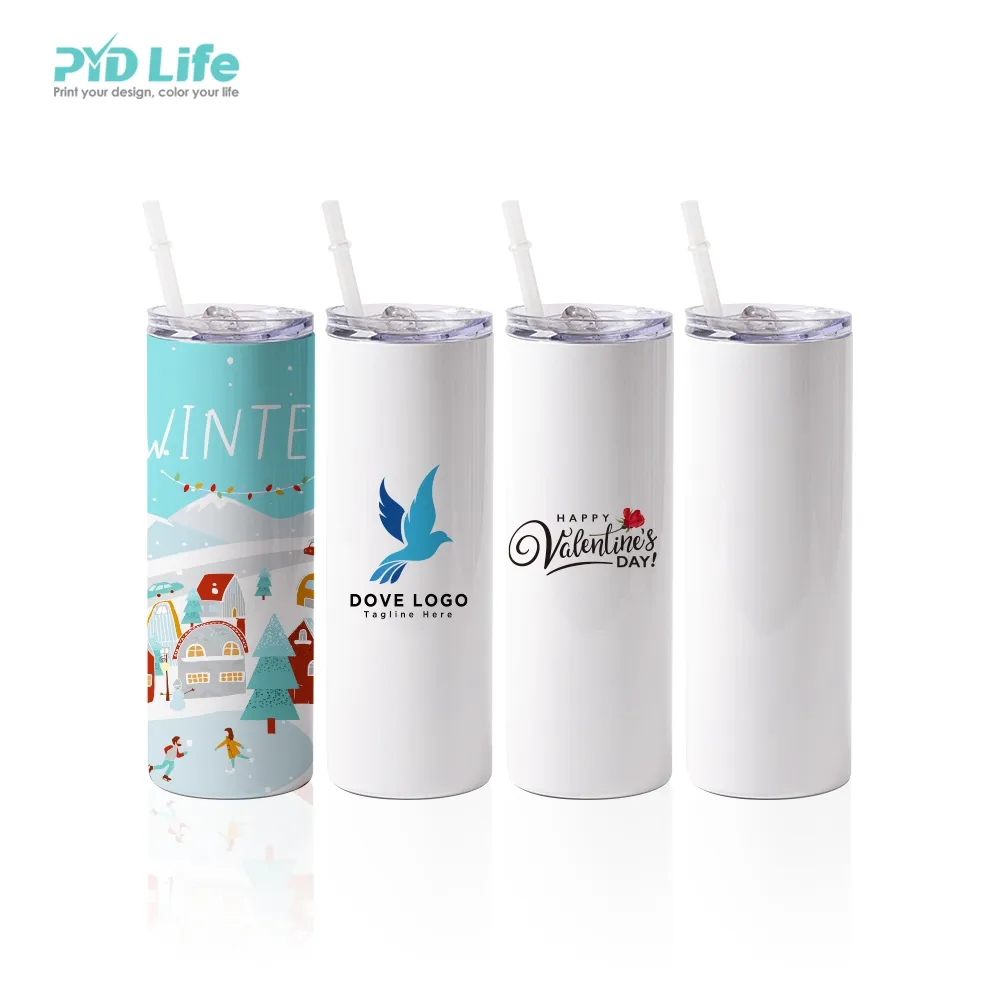 PYD Life Sublimation Tumblers Blanks Cups Water Bottle White 20 OZ Skinny  Straight Sports Bottles Mugs with Portable Sippy Up Lid with Straw,for
