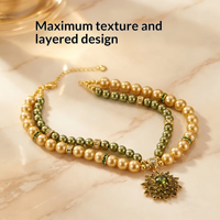 Collier de luxe pour animaux de compagnie, style vintage, avec perles et gemmes vert olive en forme de cœur, double couleur, pour petits et moyens animaux
