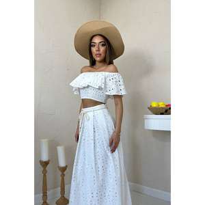 Ensemble haut et jupe en dentelle blanche bohème à épaules dénudées pour femme, tenue d'été respirante à manches courtes - Product Image 3