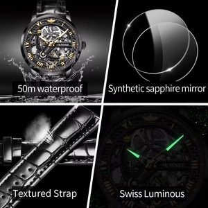 OUPINKE 3173 Original Leather Strap <b>Automatic</b> Hollow Mechanical Wristwatch for Men <b>Chronograph</b> Luxury Brand Men's Watches - Product Image 2