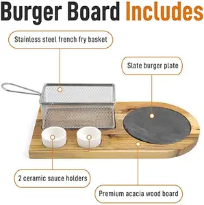 Set layanan Dapur & meja Burger, termasuk keranjang penggorengan baja tahan karat, nampan Saji kayu Acacia dengan mangkuk celup