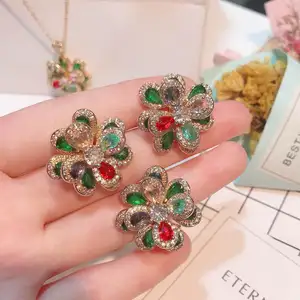 Tourmaline Flower Jewelry Set Three-Dimensional Camellia Pendant Necklace Opening Adjustable Ring Bracelet Earrings