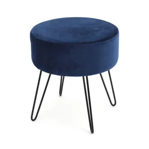 French Style Living Room Nordic Iron Round Blue Velvet Pouf Ottoman Seat Stool For The Bedroom