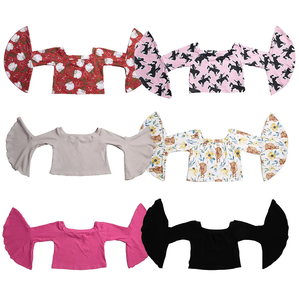 Camisas florais para meninas, blusas cropped de tecido de leite e seda, mangas compridas e estampa de vaca, roupas para crianças