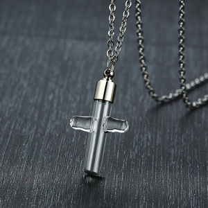 Grosir liontin salib kaca kustom kalung kenang-kenangan Memorial besi tahan karat perhiasan dipoles jimat Pria Wanita - Product Image 3