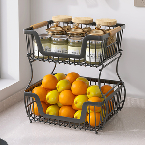 Rectangle Two Tier Eco-Friendly Metal Mesh Wire Fruit &amp; <strong>Vegetable</strong> Storage <strong>Basket</strong> <strong>Stand</strong> with Banana Hooks - Product Image 4
