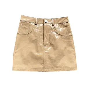 New Arrival Embossing Women Genuine Sheepskin Leather Skirt With Pockets