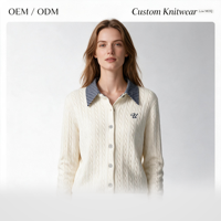 Cardigan en tricot torsadé 100 % coton anti-plis personnalisé pour femme, col chemise rayé contrastant, style preppy universitaire, OEM ODM