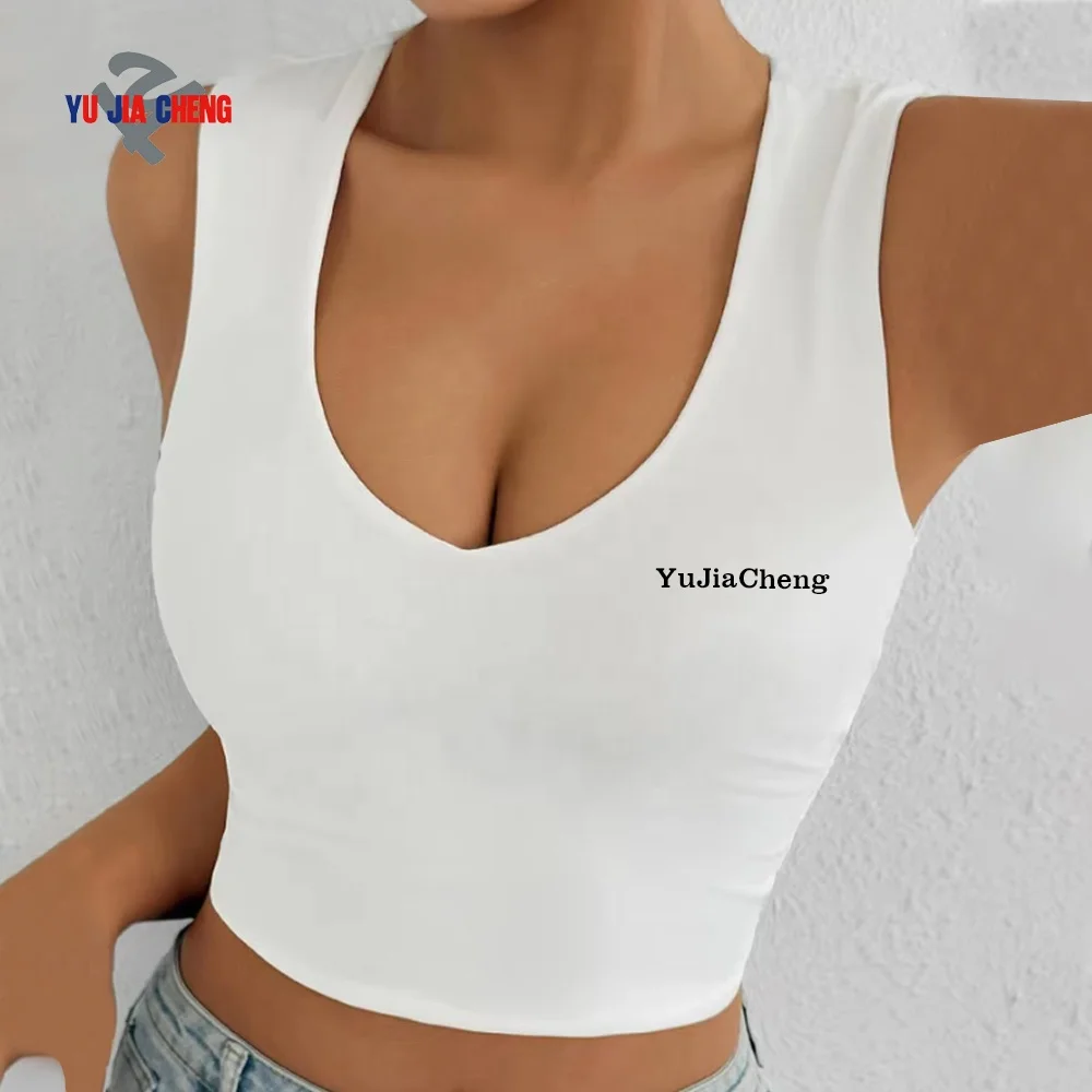 Summer Ladies Embroidered Deep U Neck Crop Top Tee Custom Clothing Manufacturers Fitness Workout Gym Sports Yoga Tank Top Women
