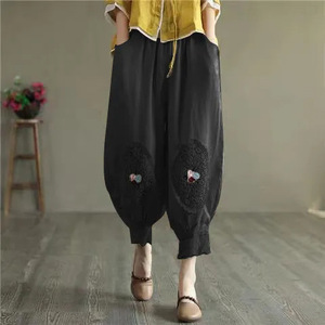 Cotton Linen Lantern Pants Beige Embroidered <b>Lace</b> Trim Loose Fit <b>Elastic</b> Waist Casual Harem Pants Cropped Women's Pants - Product Image 4