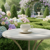 Service à thé en céramique durable et écologique, design floral vintage en relief, luxe léger, couleur beige, tasse à café et soucoupe, thé de haute valeur