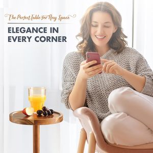 Pedestal Side <strong>Table</strong>, Acacia <strong>Drink</strong> <strong>Table</strong> with Weighted Base, <strong>Small</strong> Round Side <strong>Table</strong> for <strong>Small</strong> Spaces with Phone Holder - Product Image 2