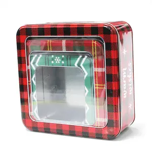 Conjunto de lata quadrada personalizada, caixa de lata quadrada de metal com janela de pvc para presente de bolo embalagem de biscoito