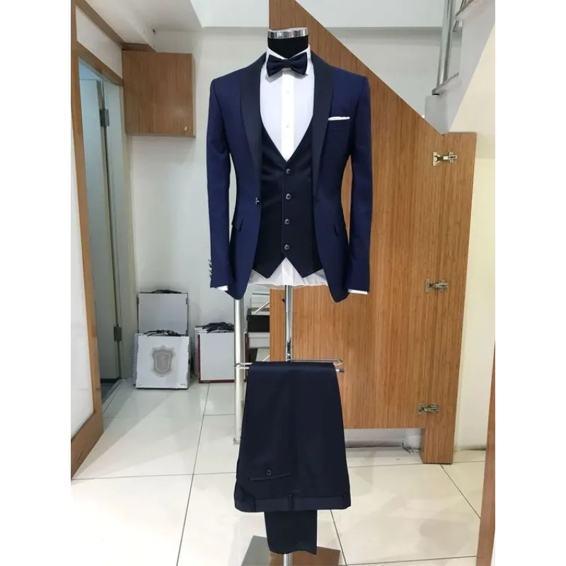 2022 New Arrival Navy Blue Italian Men's Suits for Wedding Slim Fit Groom Tuxedos Party Prom Blazer 3 Pieces Formal Costume