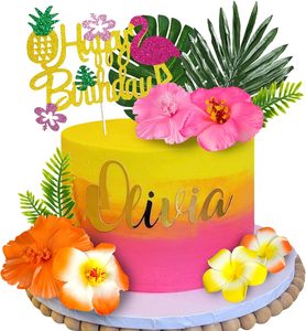 Décorations de gâteau Hawaïennes <span class=keywords><strong>avec</strong></span> <span class=keywords><strong>fleurs</strong></span>, feuilles de palmier et <span class=keywords><strong>fleurs</strong></span> d'hibiscus pour anniversaires sur le thème des flamants roses - Product Image 1