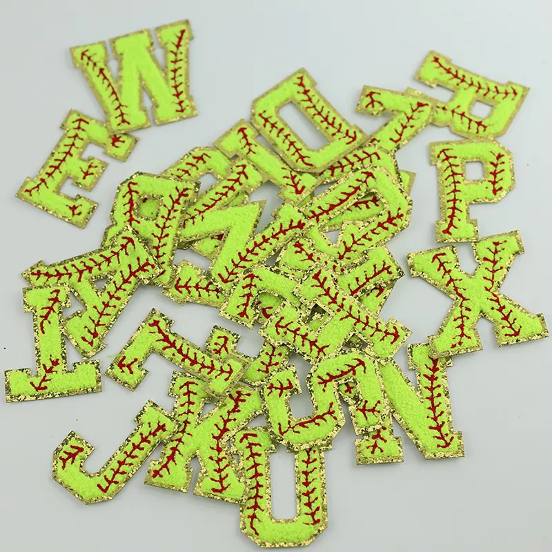 Alfabeto atlético con letras y números, parche de chenilla de Softball, color verde neón