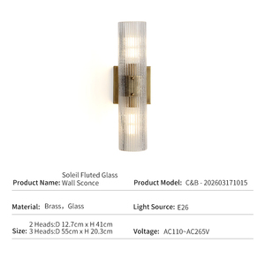 <span class=keywords><strong>Applique</strong></span> <span class=keywords><strong>murale</strong></span> en laiton, style moderne et luxueux, pour salle de bain et hôtel, avec verre cannelé, LED E26, vente en gros d'usine, transfrontalier, modèle Soleil cannelé - Product Image 4