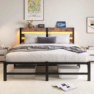 Cadre de lit en métal avec tête de lit en bois et lumières RGB, chargeur silencieux, étagère de rangement, marron rustique - Aucun sommier tapissier nécessaire - Product Image 2